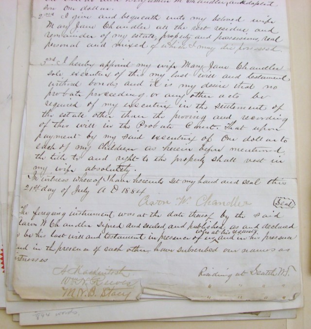 Aaron W. Chandler's signature and that of his witness can be seen on the will he wrote on July 21, 1884, less than five months before he died. Original document kept at the Puget Sound Regional Archives, Bellevue, WA.
