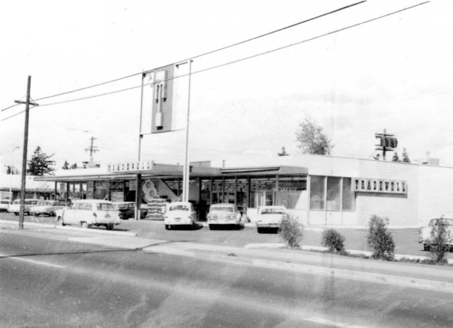 The Tradewell Grocery Store as pictured in 1962, was built in 1959 and is the present site of QFC at 8400 35th Ave NE. Photo courtesy of Seattle Municipal Archives image 76718.