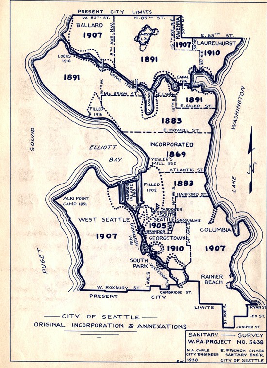 A 1938 Seattle Engineering Department map of the city showing the annexations dates of different neighborhoods. A "jog" can be seen at the northeast corner where the City Limits were at NE 65th Street as of 1910. Map from the Seattle Municipal Archives Record Series 2616-03.