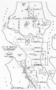 Seattle Annexation Map with numbered areas corresponding to the list of dates of annexation (see list.) Courtesy of Seattle Municipal Archives.