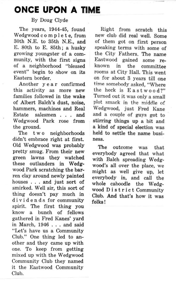 Doug Clyde's Once Upon a Time column in the June 1960 edition of the Wedgwood Echo, which told how the Eastwood Club developed and then merged with Wedgwood.