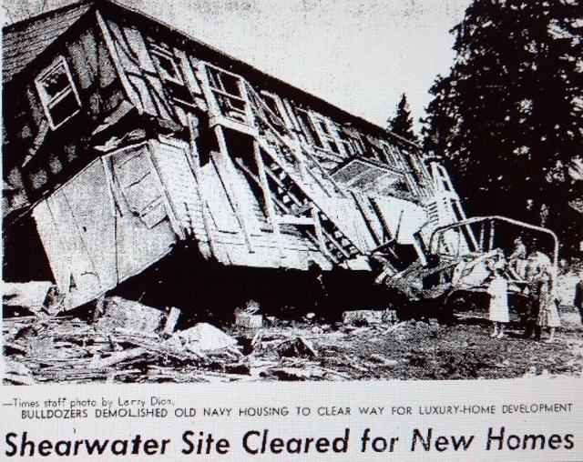 Shearwater building bulldozed.Seattle Times photo March 1 1966 page 37