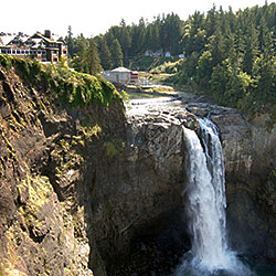 Snoqualmie Falls is located about 40 miles east of Seattle.