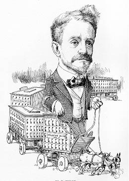 An Argus magazine cartoon version of William D. Wood, circa 1900, shows him riding his streetcars out to his residential development properties.