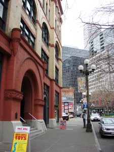 The Mutual Life Building (at left) is in Pioneer Square on the former site of Yesler's Cookhouse where marines were stationed during the Battle of Seattle.