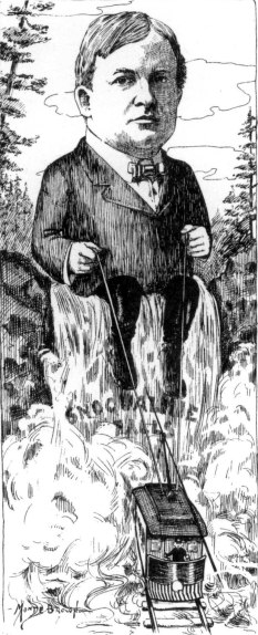 Charles Baker shown in an Argus magazine cartoon, sitting on Snoqualmie Falls and holding the electric lines of a streetcar.