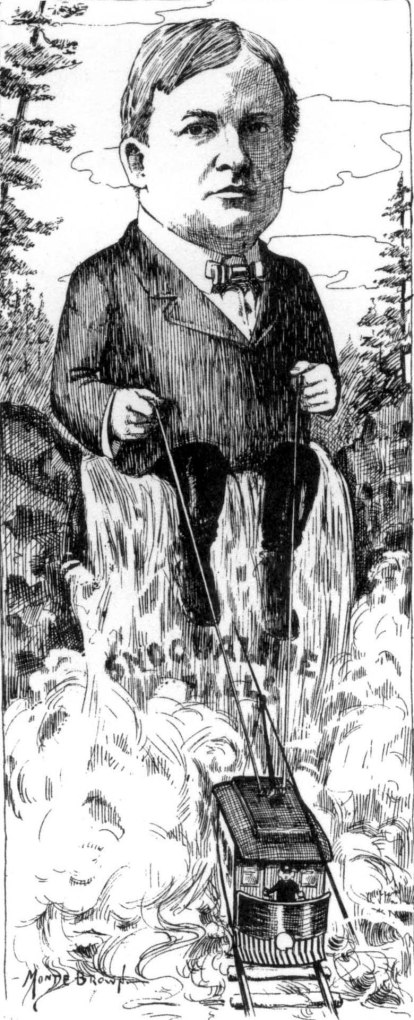 Charles Baker shown in an Argus magazine cartoon, sitting on Snoqualmie Falls and holding the electric lines of a streetcar.