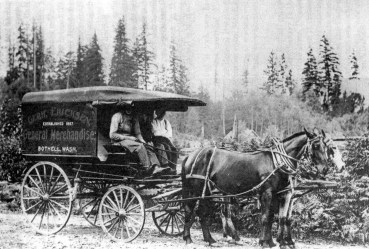 The Ericksen store in Bothell had a horse-drawn delivery wagon. Home delivery of grocery orders was common in the years before people had cars.