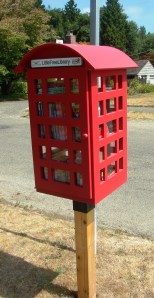 This Little Free Library in the Wellsdale plat is on 43rd Ave NE a few doors north of Thornton Creek School at Decatur.
