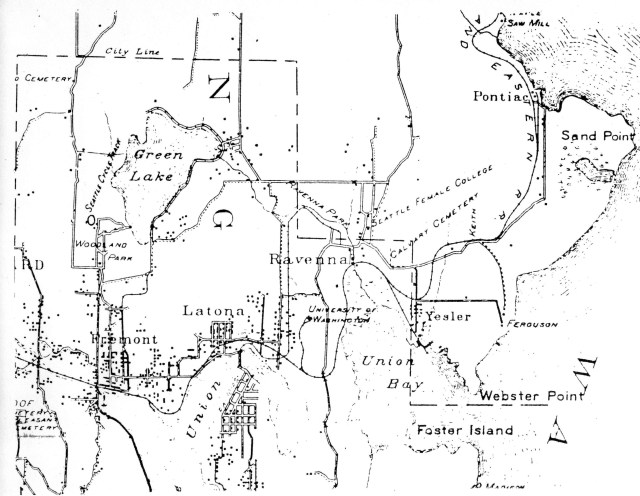 McKee's Correct Road Map of Seattle and Vicinity, 1894, courtesy of the Seattle Room, Seattle Public Library. The snaking line of the SLS&E Railroad is shown through the communities of Fremont, Latona (Wallingford), Ravenna, Yesler (Laurelhurst) and north past Sand Point. Block dots indicate population clusters. Calvary Cemetery, established 1889, is a point of reference at the corner of NE 55th Street and 35th Ave NE. The Keith Station is marked at NE 55th Street and 40th Ave NE on the railroad line.