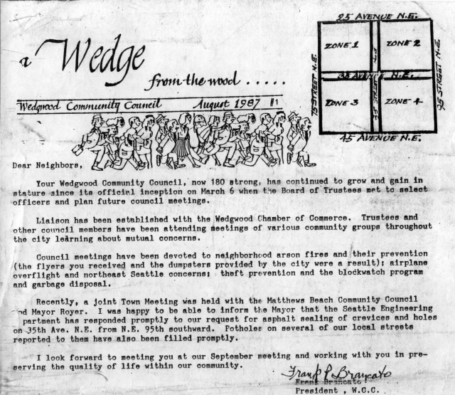 Dorothy Brancato began producing a newsletter for the newly founded Wedgwood Community Council. This is the front page of the first edition in August 1987.