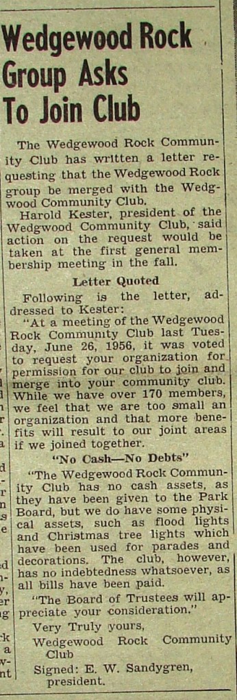 This letter from the Wedgewood Rock Community Club was printed in the Wedgwood Community Club newsletter, the Echo, in June 1956.