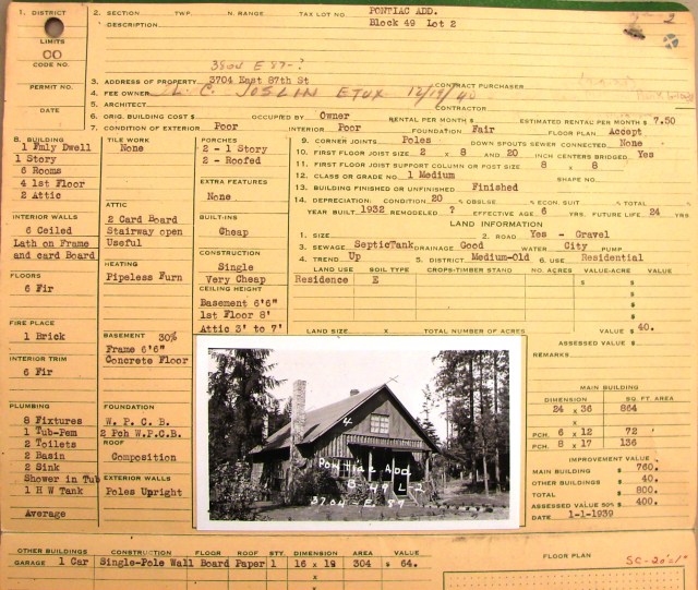 The original property records of King County are stored at the Puget Sound Regional Archives in Bellevue. This property card shows the assessed value of the house at 3804 NE 87th Street.