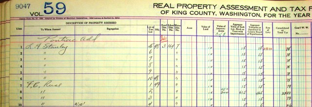 Original property tax assessment rolls like this one for 1935, are kept in temperature-controlled vaults at the Puget Sound Regional Archives in Bellevue. Line 8 shows that in 1935 the assessed value of Fred Reese's log-sided house was $450.