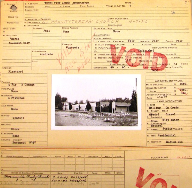 The original property card for the Morningside Church site at 9505 35th Ave NE shows the basement-with-a-roof building. Courtesy of Puget Sound Regional Archives.