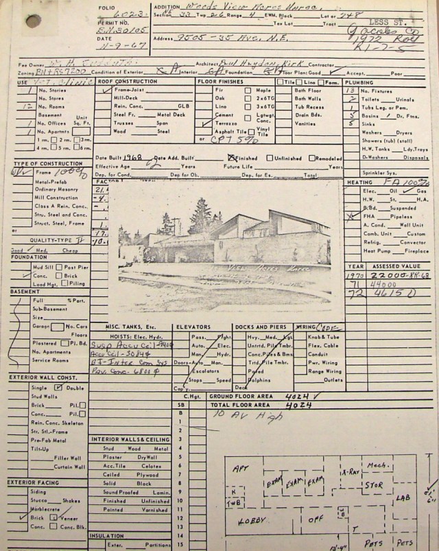 The Tax Assessors property card for the Northeast Veterinary Clinic show the remodelling was done in 1968 by architect Paul Hayden Kirk. Card courtesy of the Puget Sound Regional Archives.