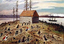 Seattle settlers took refuge in a blockhouse on January 26, 1856. Painting by Emily Inez Denny courtesy of MOHAI.