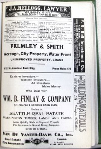 The Seattle City Directory of 1907 included ads for many real estate companies, including the William B. Finlay Company.