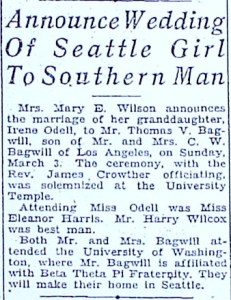 1919 wedding announcement for Irene Odell, Mary Wilson's granddaughter.