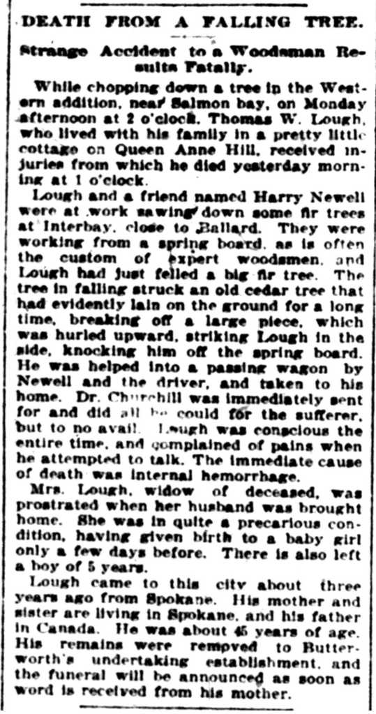 The death of Thomas Lough was reported in the Seattle Post-Intelligencer newspaper in September 1895.