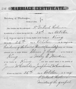 Elmer Ross and Mary Weedin were married on October 26, 1884 at the Weedin home at Green Lake in Seattle.
