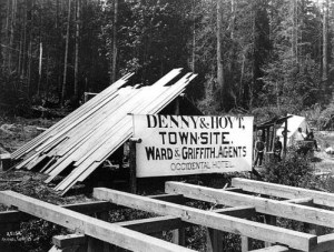 A real estate sign in 1888 marked the townsite plat for Fremont. Asahel Curtis Photograph, UW Special Collections.