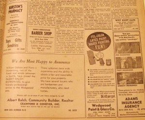 Balch was a business advertiser in the 1957 edition of the Wedgwood Echo newspaper produced by the community club.