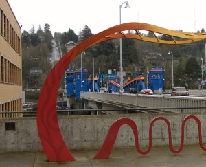Looking south across the Fremont bridge to the steep hill of Queen Anne.