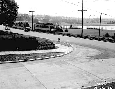 Trolley at Bagley and Green Lake Way in 1936.Muni Archives 14571