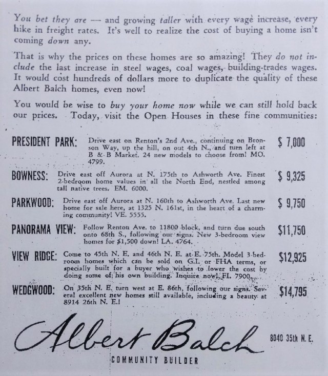 Balch developments ad in the Seattle Times newspaper.25 January 1953 page 21